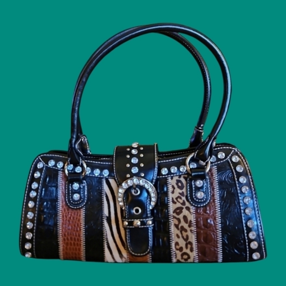 Vintage 1990s Mixed Animal Print Rhinestone Buckle Leather Baguette Satchel Bag